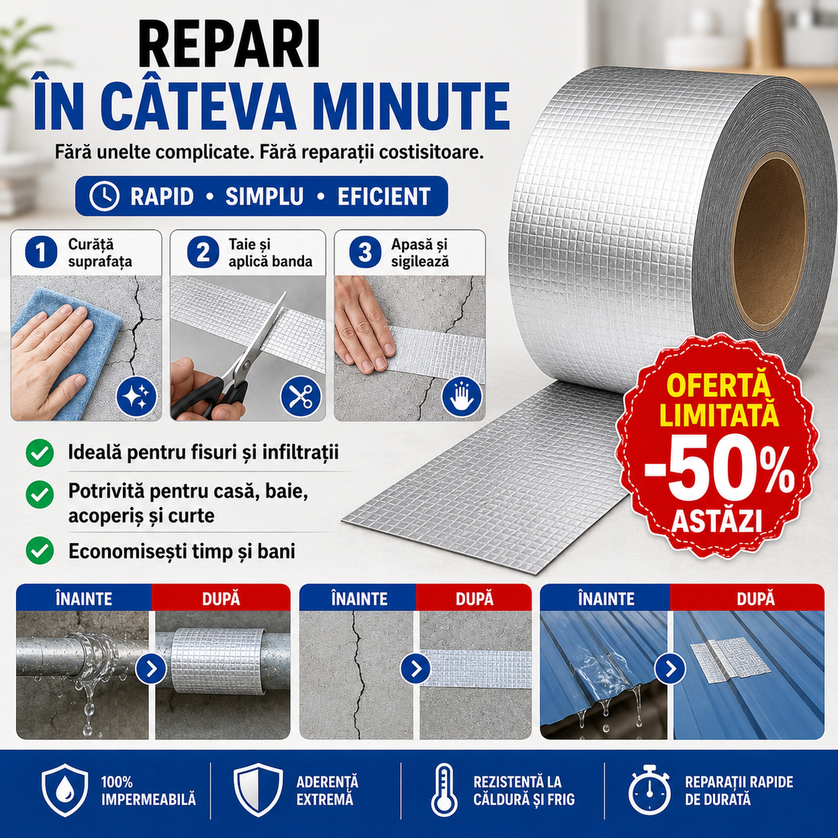 MaxFixer™ – Bandă de Etanșare Ultra Rezistentă | Sigilează, Repară și Protejează Rapid Orice Suprafață | Impermeabilă, Flexibilă și Rezistentă la Temperatură