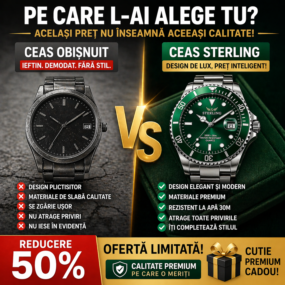 Ceas Elvețian Premium Submariner – Design de Lux Tip Diver, Verde Metalizat (Arată scump, fără să plătești mii)