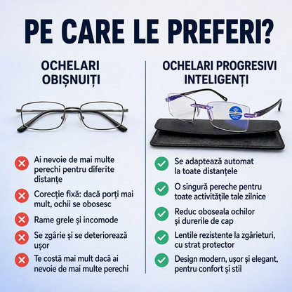 Ochelari Progresivi Inteligenți Ray™ (Vedere clară la apropiere, distanță medie și distanță, totul într-o singură pereche) Fără dioptrii | Toc din piele inclus | 30 de zile testare fără risc