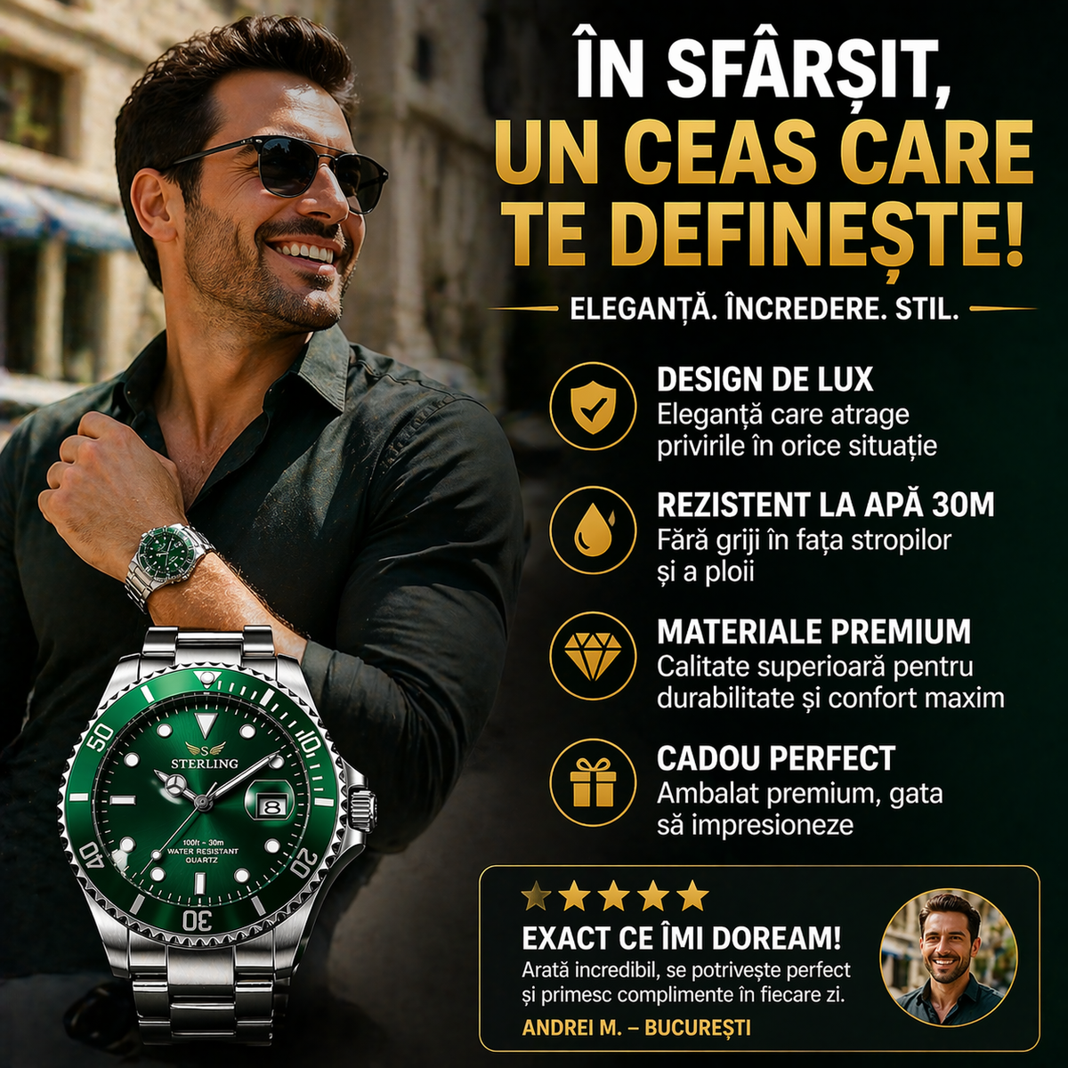 Ceas Elvețian Premium Submariner – Design de Lux Tip Diver, Verde Metalizat (Arată scump, fără să plătești mii)