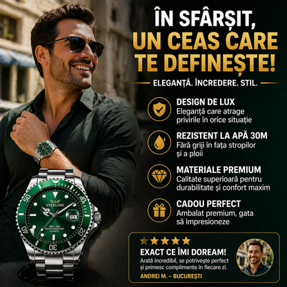 Ceas Elvețian Premium Submariner – Design de Lux Tip Diver, Verde Metalizat (Arată scump, fără să plătești mii)