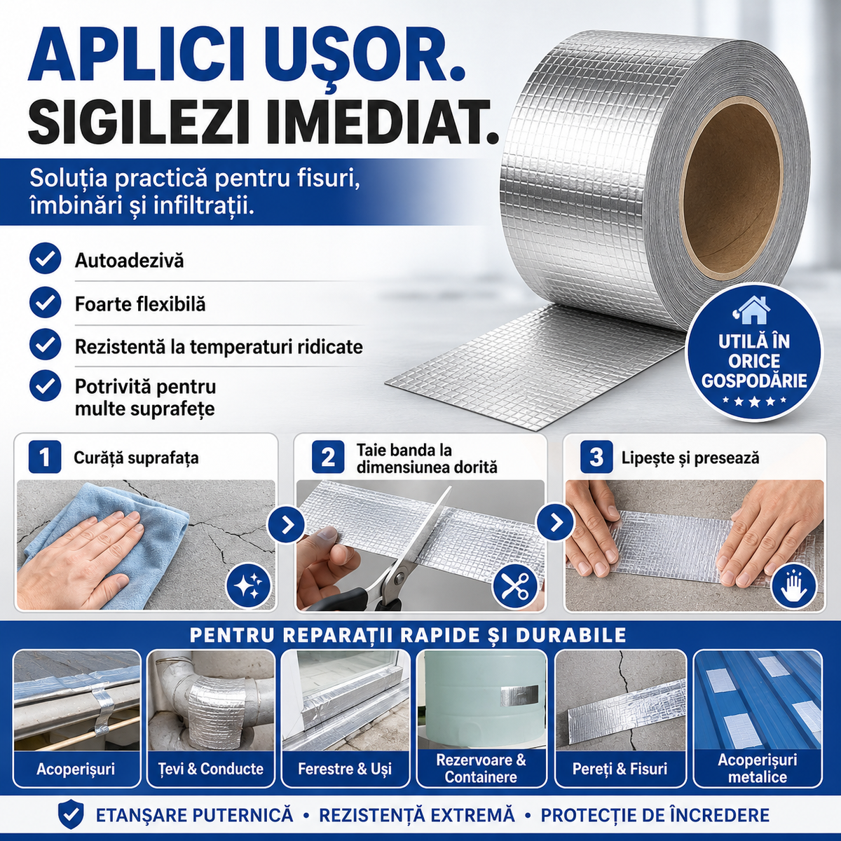 MaxFixer™ – Bandă de Etanșare Ultra Rezistentă | Sigilează, Repară și Protejează Rapid Orice Suprafață | Impermeabilă, Flexibilă și Rezistentă la Temperatură