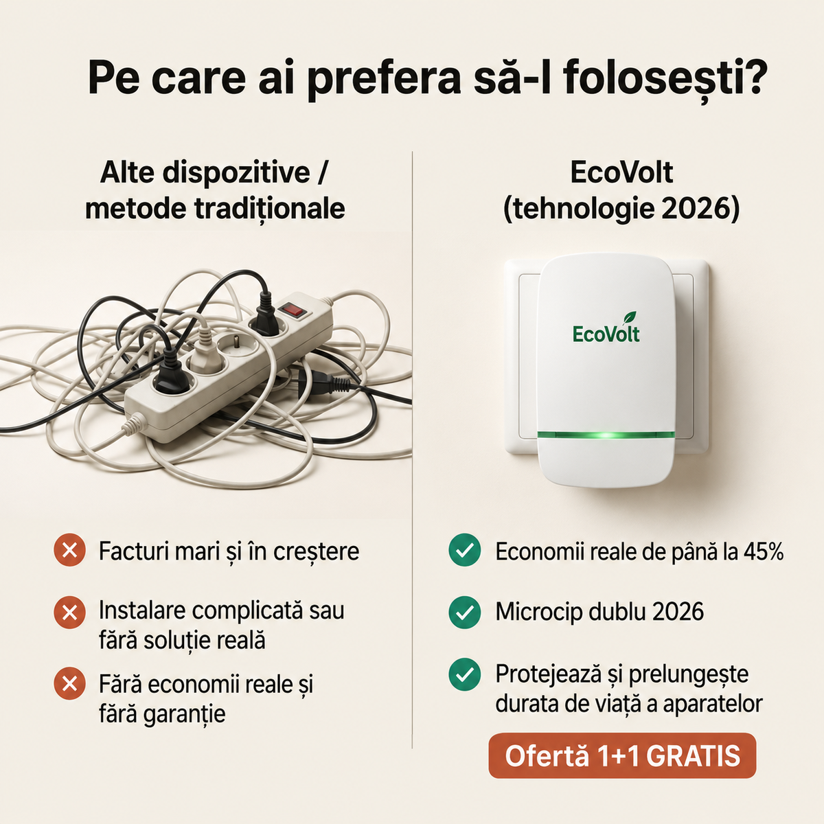 1+1 GRATIS | EcoVolt™ – Reduce fluctuațiile de tensiune și te ajută să economisești la factura de curent. Fără întreținere.