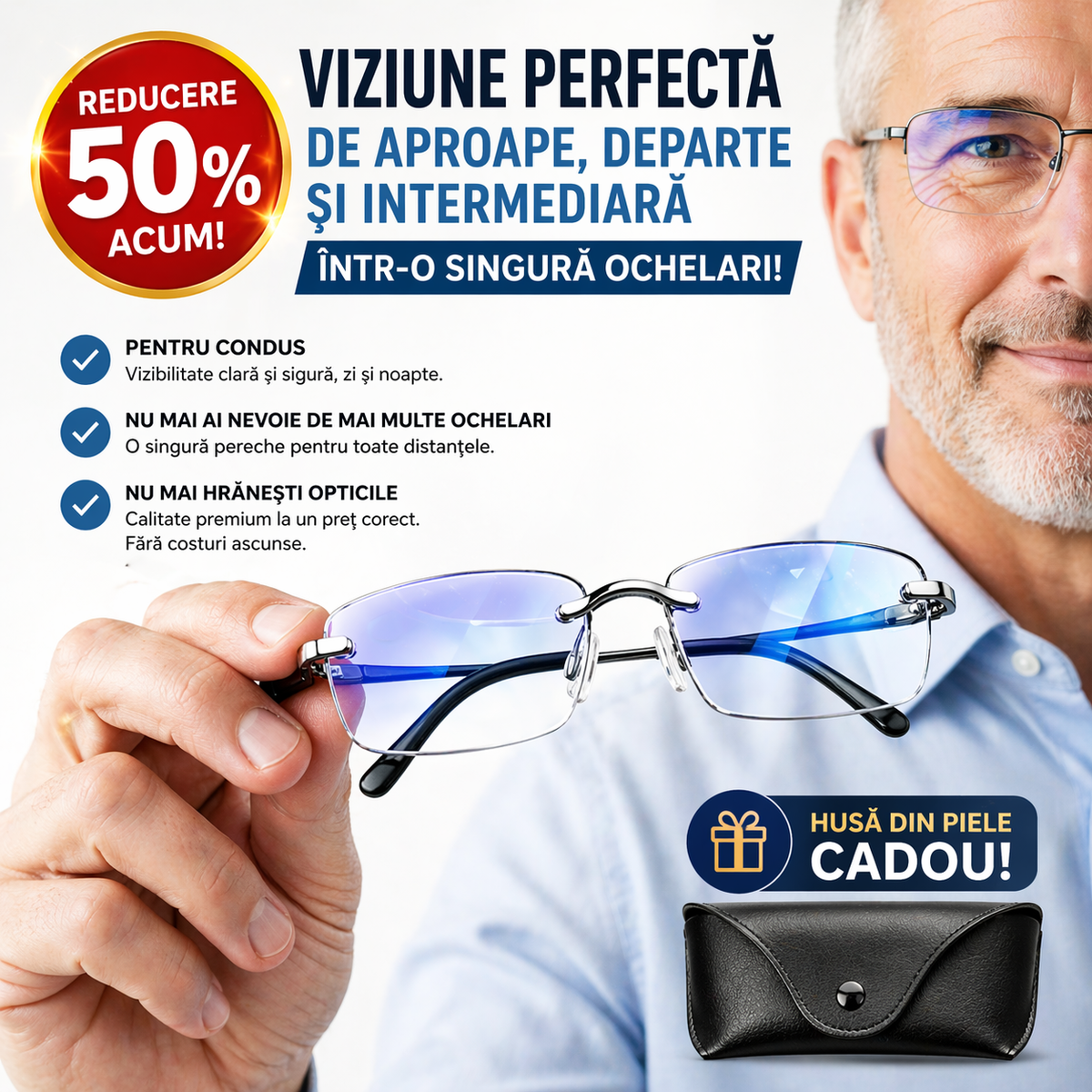 Ochelari Inteligenți RayPro™ 3-în-1: Vedere Perfectă la Orice Distanță | Lentile Auto-Reglabile cu Filtru de Lumină Albastră | Siguranță Maximă la Volan | CADOU Toc din Piele + 30 de Zile Testare Fără Risc
