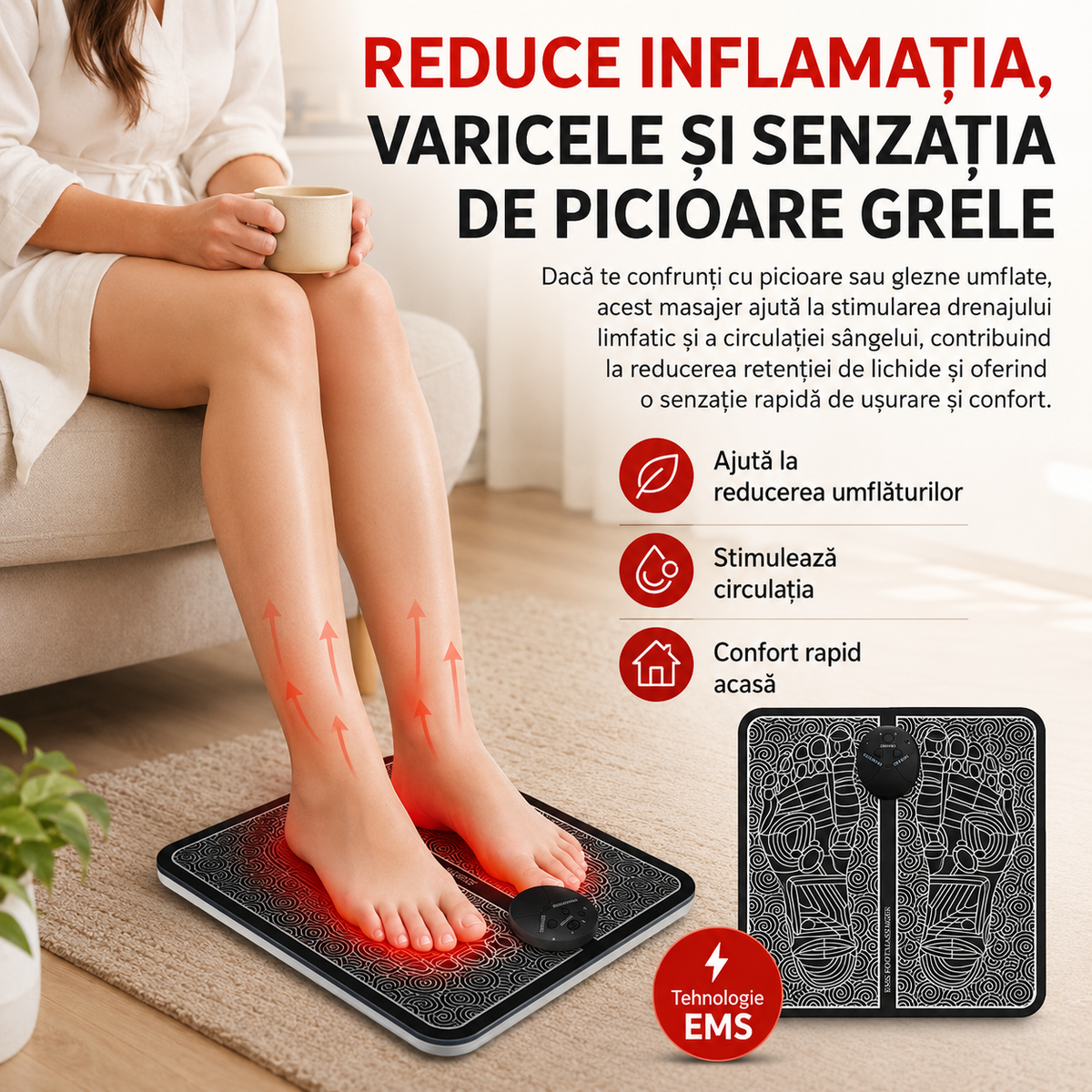 1+1 GRATIS | EMS Footie® – Masajer pentru picioare cu 8 moduri și 19 niveluri de intensitate, creat pentru a calma oboseala, durerile și umflarea picioarelor, ca să te bucuri de odihna pe care o meriți după o zi lungă