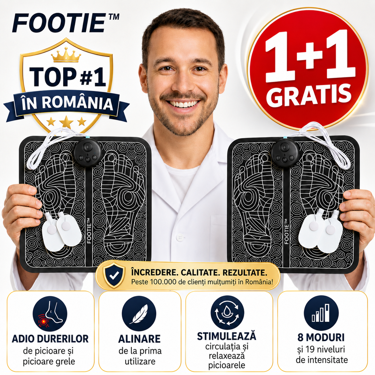1+1 GRATIS | EMS Footie® – Masajer pentru picioare cu 8 moduri și 19 niveluri de intensitate, creat pentru a calma oboseala, durerile și umflarea picioarelor, ca să te bucuri de odihna pe care o meriți după o zi lungă