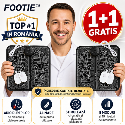 1+1 GRATIS | EMS Footie® – Masajer pentru picioare cu 8 moduri și 19 niveluri de intensitate, creat pentru a calma oboseala, durerile și umflarea picioarelor, ca să te bucuri de odihna pe care o meriți după o zi lungă