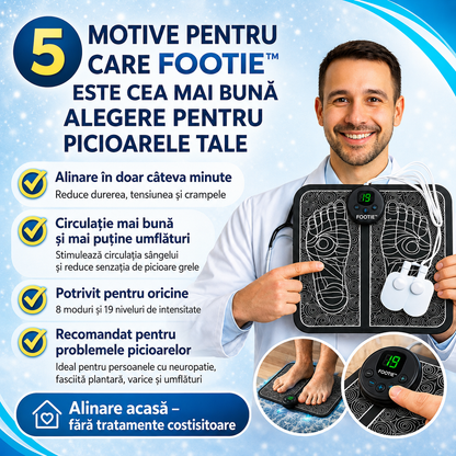 1+1 GRATIS | EMS Footie® – Masajer pentru picioare cu 8 moduri și 19 niveluri de intensitate, creat pentru a calma oboseala, durerile și umflarea picioarelor, ca să te bucuri de odihna pe care o meriți după o zi lungă