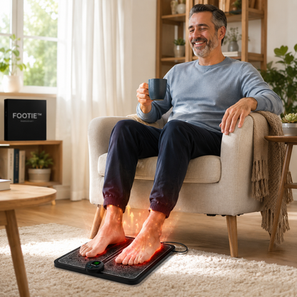 1+1 GRATIS | EMS Footie® – Masajer pentru picioare cu 8 moduri și 19 niveluri de intensitate, creat pentru a calma oboseala, durerile și umflarea picioarelor, ca să te bucuri de odihna pe care o meriți după o zi lungă