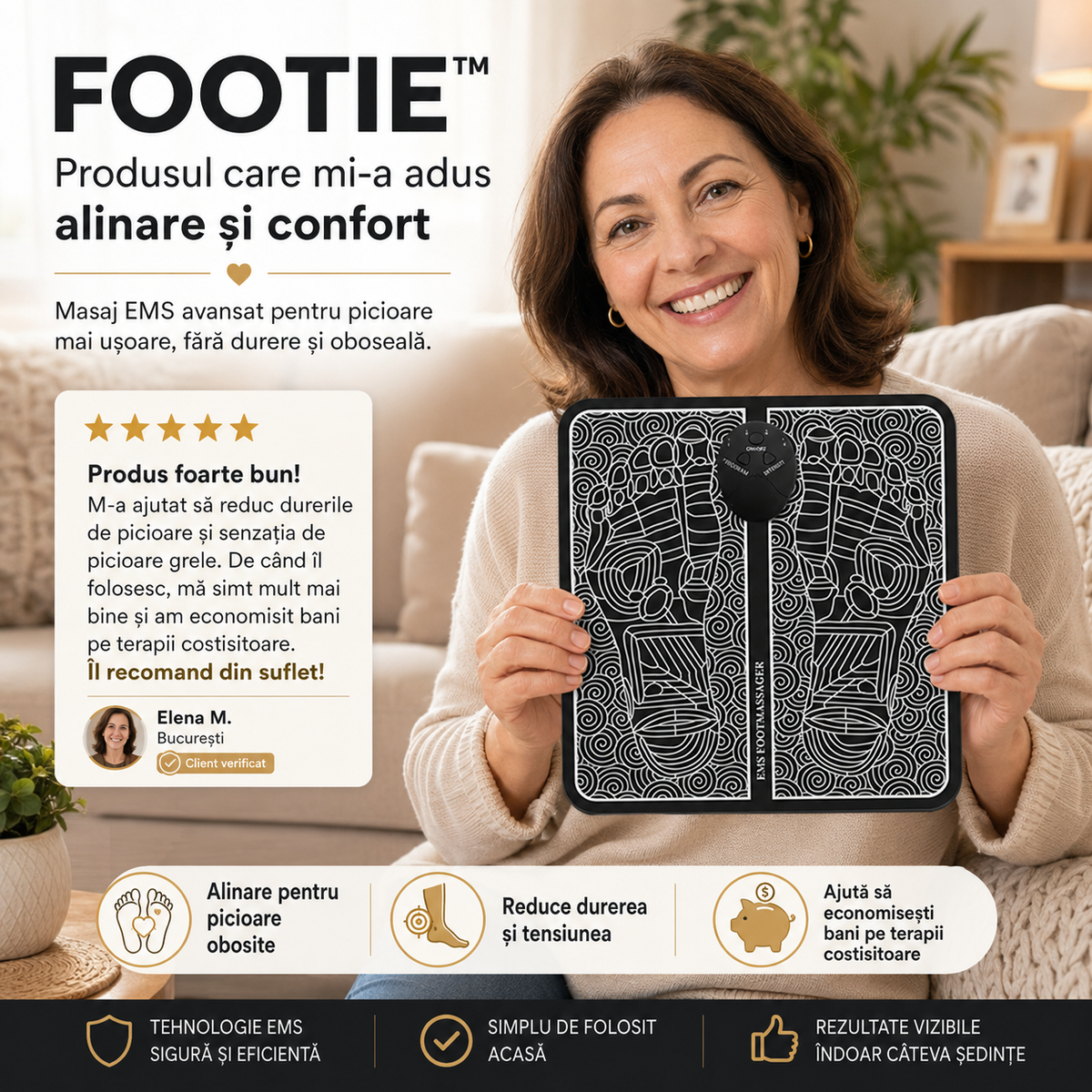 1+1 GRATIS | EMS Footie® – Masajer pentru picioare cu 8 moduri și 19 niveluri de intensitate, creat pentru a calma oboseala, durerile și umflarea picioarelor, ca să te bucuri de odihna pe care o meriți după o zi lungă