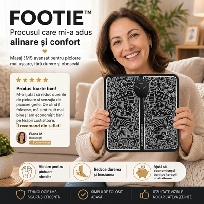 1+1 GRATIS | EMS Footie® – Masajer pentru picioare cu 8 moduri și 19 niveluri de intensitate, creat pentru a calma oboseala, durerile și umflarea picioarelor, ca să te bucuri de odihna pe care o meriți după o zi lungă