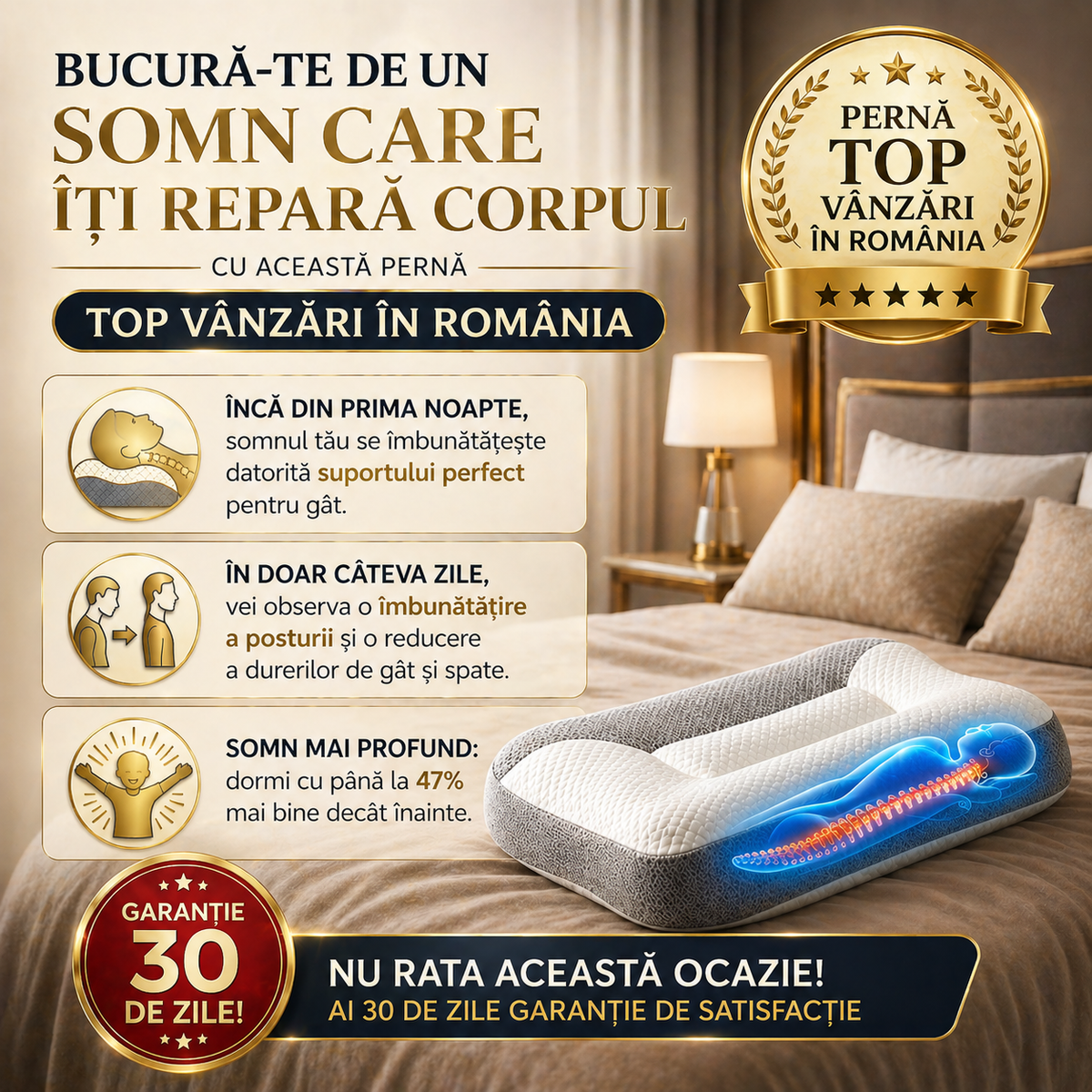 ViscoPro™ - Singura pernă cervicală care se adaptează curburii naturale a gâtului pentru un somn perfect și ameliorarea durerilor. (Include fețe de pernă GRATIS + 30 de nopți de testare)