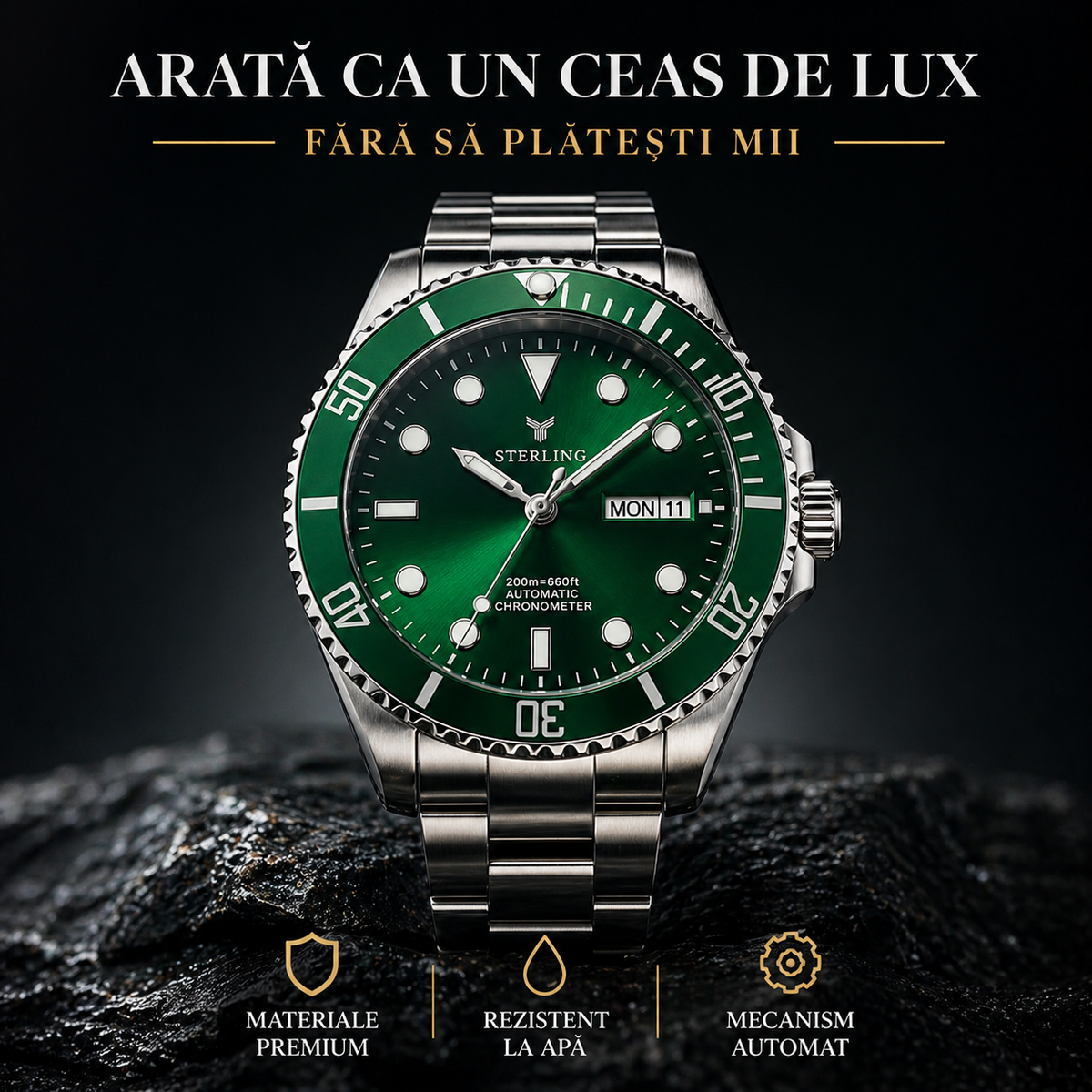 Ceas Elvețian Premium Submariner – Design de Lux Tip Diver, Verde Metalizat (Arată scump, fără să plătești mii)