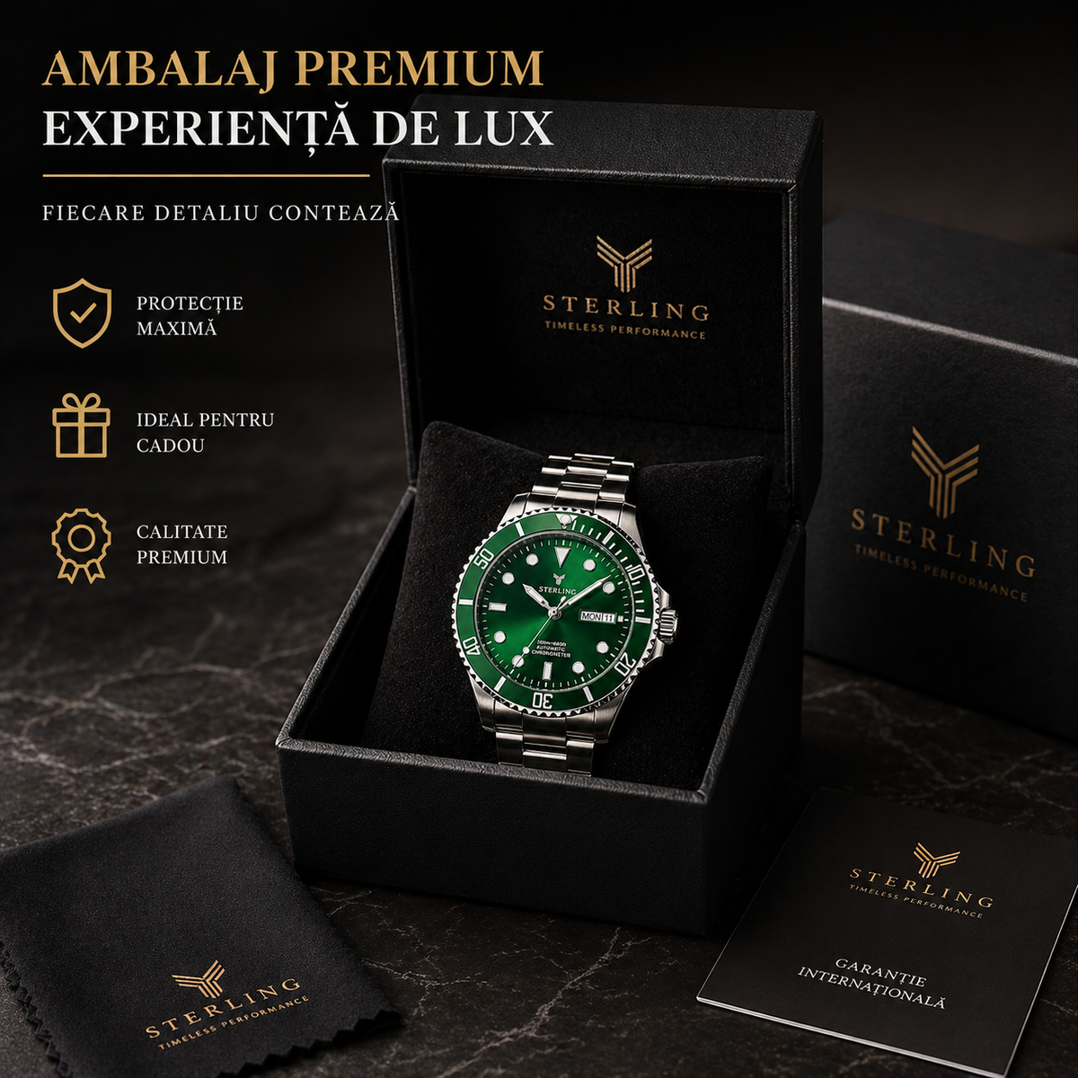Ceas Elvețian Premium Submariner – Design de Lux Tip Diver, Verde Metalizat (Arată scump, fără să plătești mii)