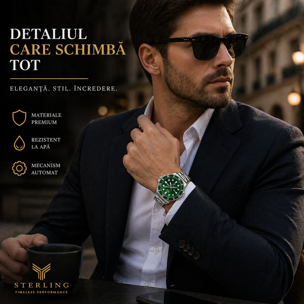 Ceas Elvețian Premium Submariner – Design de Lux Tip Diver, Verde Metalizat (Arată scump, fără să plătești mii)