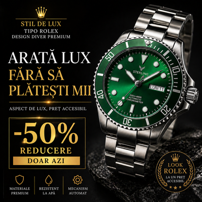 Ceas Elvețian Premium Submariner – Design de Lux Tip Diver, Verde Metalizat (Arată scump, fără să plătești mii)
