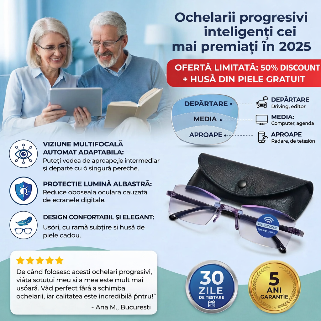 Ochelari Inteligenți RayPro™ 3-în-1: Vedere Perfectă la Orice Distanță | Lentile Auto-Reglabile cu Filtru de Lumină Albastră | Siguranță Maximă la Volan | CADOU Toc din Piele + 30 de Zile Testare Fără Risc