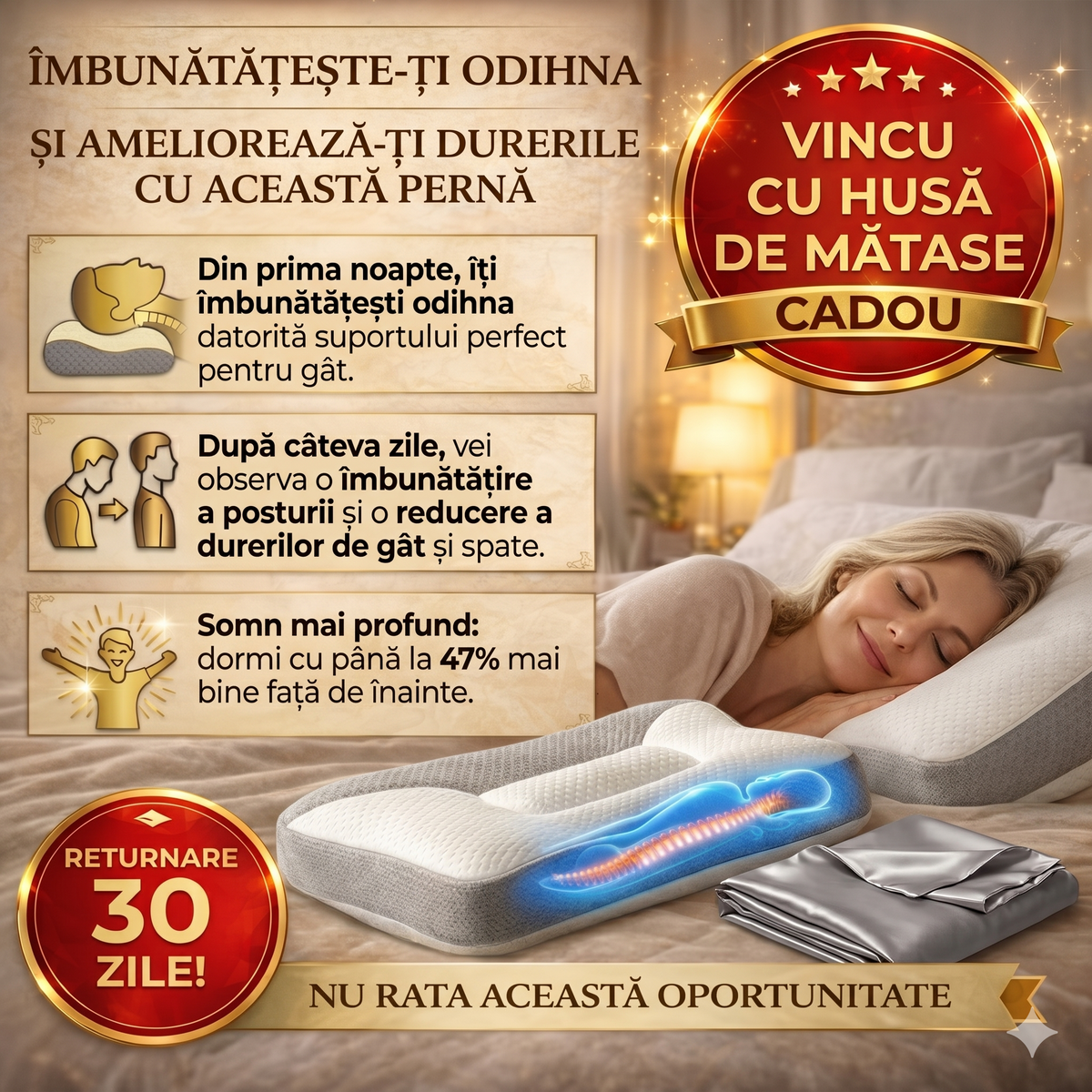 ViscoPro™ - Singura pernă cervicală care se adaptează curburii naturale a gâtului pentru un somn perfect și ameliorarea durerilor. (Include fețe de pernă GRATIS + 30 de nopți de testare)