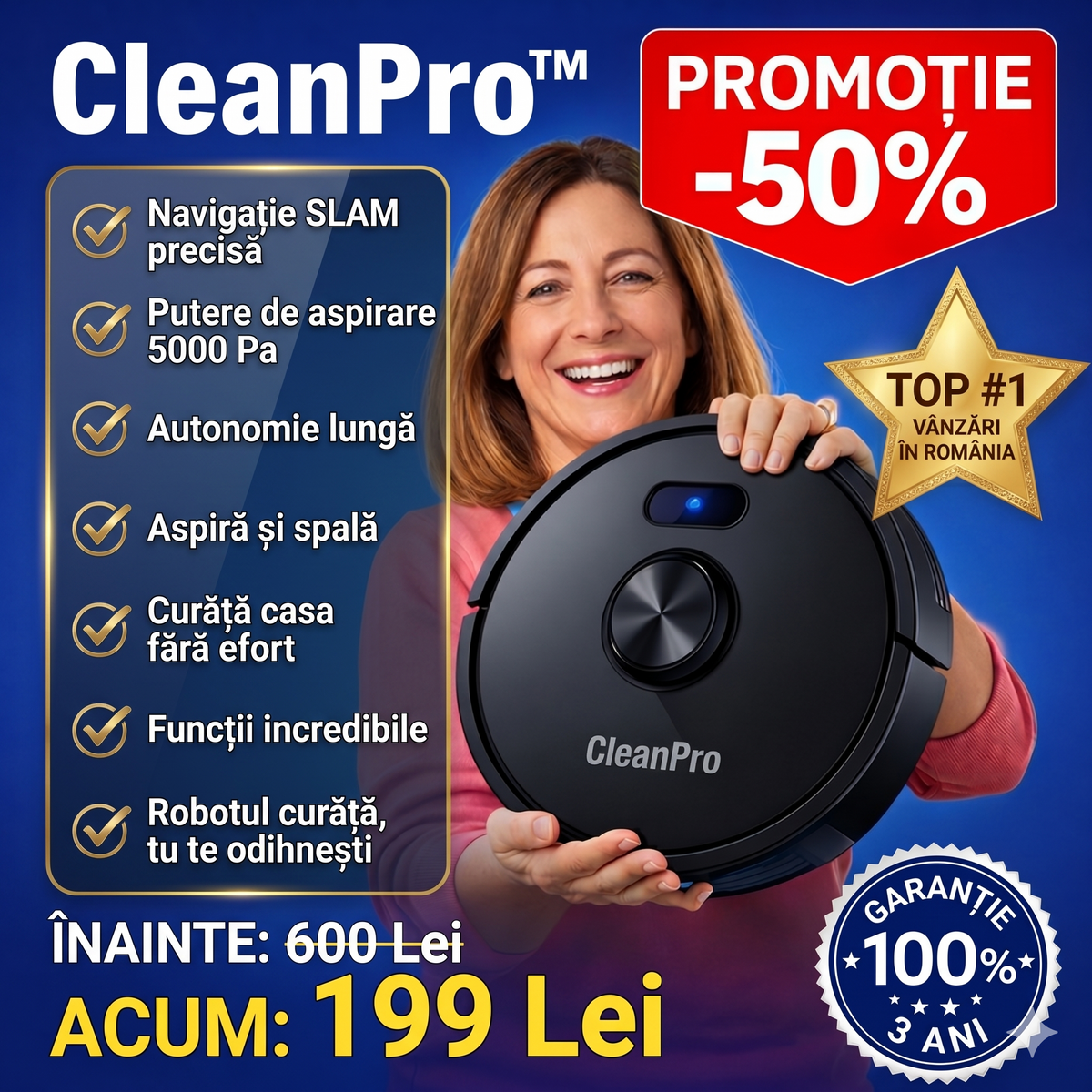 CleanPro™ – Robotul 3-în-1 care îți curăță casa singur: aspiră, mătură și spală automat, ca tu să te bucuri de mai mult timp liber. Curățenie zilnică fără efort! (30 de zile de testare + Garanție 5 ani)