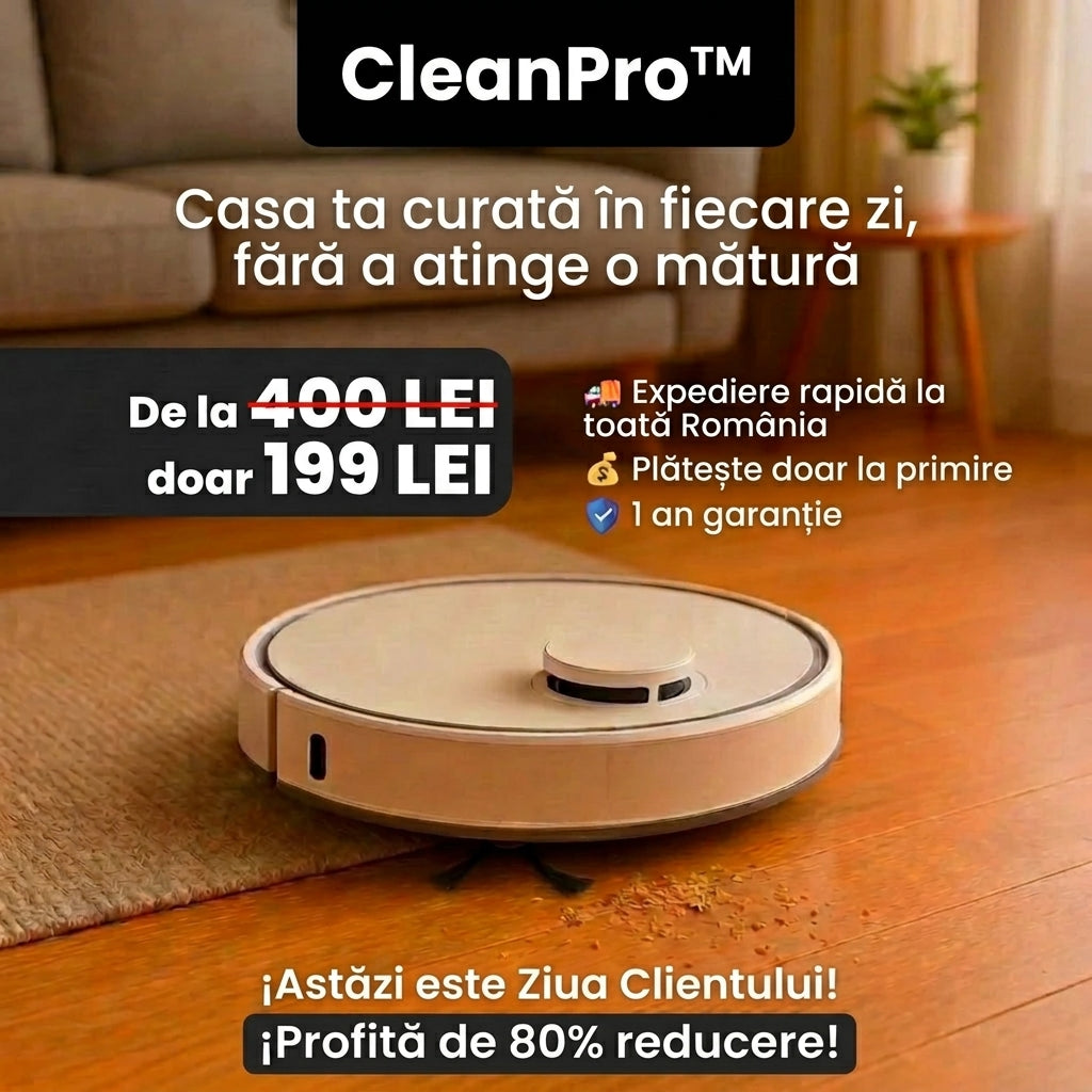 CleanPro™ – Robotul 3-în-1 care îți curăță casa singur: aspiră, mătură și spală automat, ca tu să te bucuri de mai mult timp liber. Curățenie zilnică fără efort! (30 de zile de testare + Garanție 5 ani)